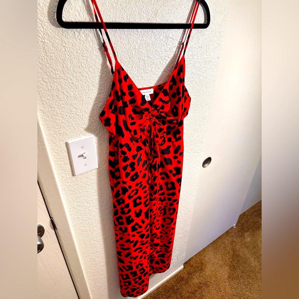 Red Leopard Print Slip Dress with cut out, by TopShop. Size 10.
